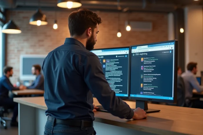 Homme comparant des plateformes d'emploi généralistes et spécialisées sur un grand écran dans un espace de coworking