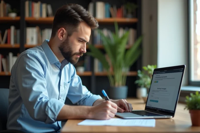Homme consultant son compte CPF sur ordinateur portable pour financer une formation professionnelle en 2024