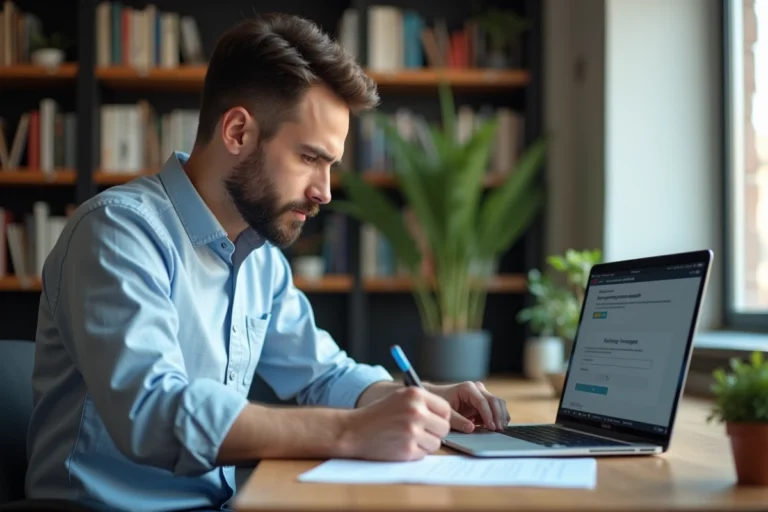 Homme consultant son compte CPF sur ordinateur portable pour financer une formation professionnelle en 2024