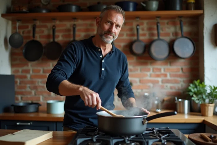 Homme remuant une casserole fumante sur une cuisinière à gaz dans une cuisine rustique en briques