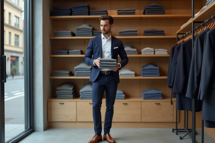Homme élégant en blazer marine et chinos sombres examinant un pull dans une boutique de vêtements masculins minimaliste