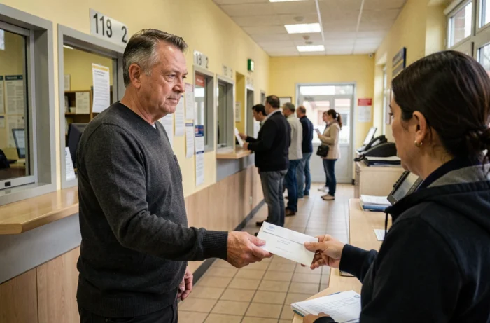 Homme envoyant une feuille de soin Pacifica par courrier dans un bureau de poste français