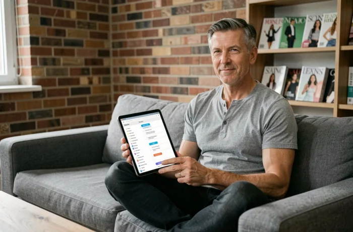 Homme explorant le plan du site d'un magazine sur tablette numérique depuis son salon