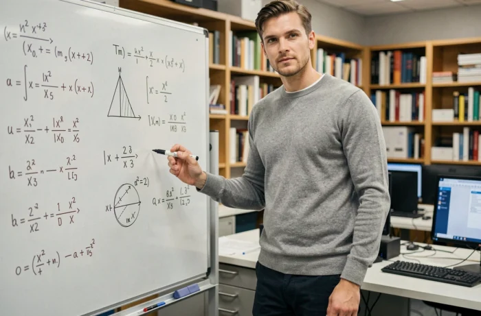 Homme de grande stature devant un tableau blanc dans un laboratoire de recherche en intelligence artificielle, contexte article sur Arthur Mensch