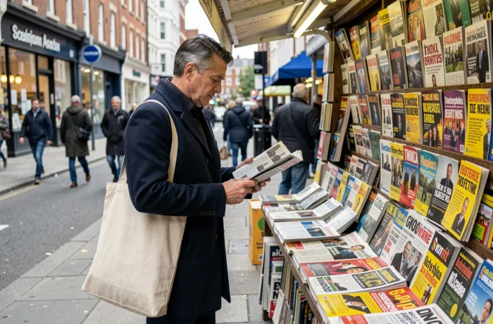 Homme parcourant des magazines et journaux à un kiosque de presse urbain dans la rue