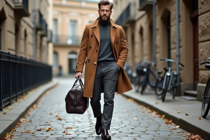 Homme en manteau camel et bottines Chelsea marchant dans une rue pavée européenne en automne avec un sac en cuir