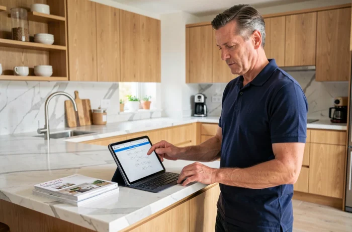 Homme naviguant sur le plan du site Concept Maison depuis une tablette dans une cuisine moderne