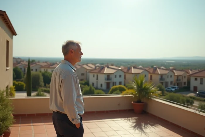 Homme observant un quartier résidentiel en développement depuis sa terrasse, dans une perspective d'investissement immobilier