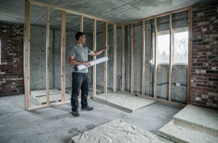 Man holding an architectural plan in a garage being transformed into a bedroom, with insulation and wooden framework visible