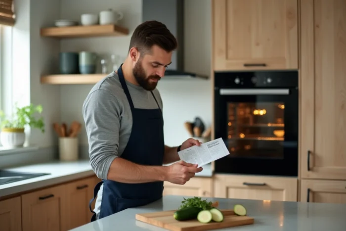Homme consultant une recette devant un four vapeur allumé dans une cuisine scandinave contemporaine
