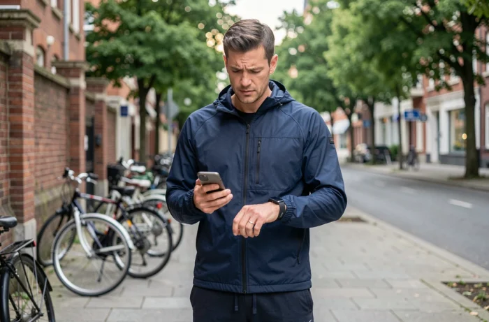 Homme en tenue de running comparant son smartphone et son podomètre dans une rue urbaine