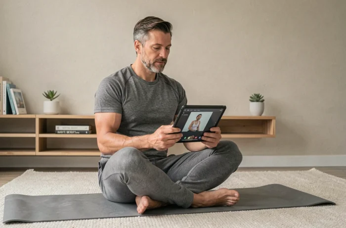 Man participating in a guided online wellness session from his living room