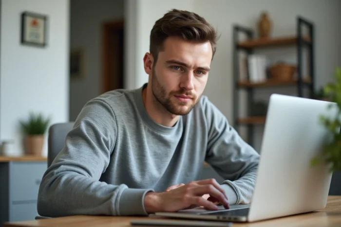 Homme recherchant un site de rencontre sans inscription sur son ordinateur portable à domicile