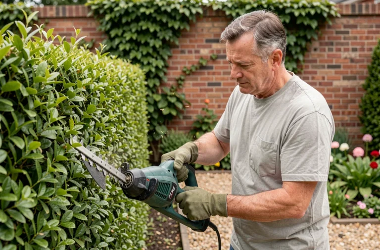 Homme d'une cinquantaine d'années utilisant un taille-haie électrique filaire pour tailler une haie verte bien entretenue dans un jardin de banlieue