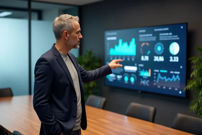 Homme d'affaires présentant des tendances technologiques sur un écran interactif en salle de réunion