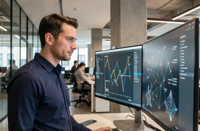 Ingénieur blockchain et IA analysant des données sur double écran dans un bureau technologique moderne en 2026