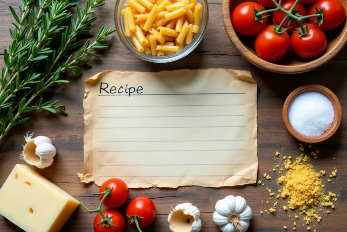Vue de dessus d'ingrédients frais et authentiques disposés sur une table en bois pour une recette maison