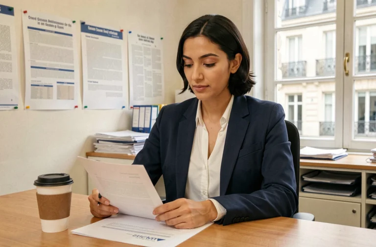Une femme d'origine moyen-orientale consulte des documents administratifs dans un bureau français, illustrant les démarches d'intégration en France