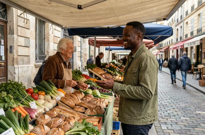 A young man of African descent exchanges with a French merchant at an outdoor market, symbolizing social and cultural integration in France