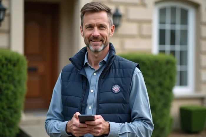 Intervenant à domicile ADMR utilisant une application de suivi des temps sur smartphone devant une maison résidentielle