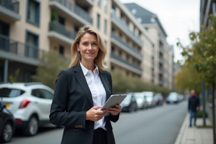 Femme investisseuse immobilière devant un immeuble résidentiel moderne en ville tenant une tablette avec une application d'investissement