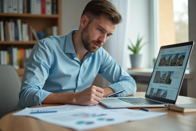 Homme consultant des documents immobiliers sur un bureau en bois avec un ordinateur portable, dans un bureau à domicile moderne