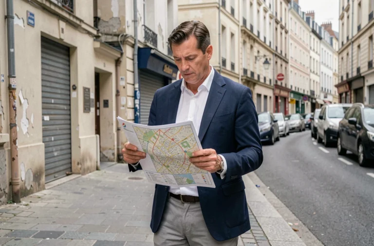 Investisseur immobilier étudiant une carte de quartier à Nantes dans une rue urbaine dégradée