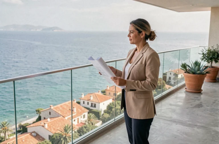 Femme investisseuse sur un balcon avec vue panoramique sur la mer Méditerranée tenant des plans d'appartement