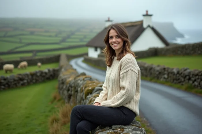 Une voyageuse assise sur un mur de pierre dans la campagne irlandaise du comté de Clare, avec un cottage traditionnel au toit de chaume, des prairies vertes et des falaises côtières au loin