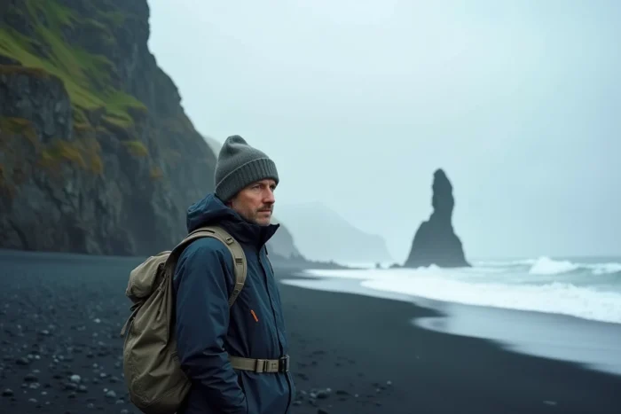 Un voyageur solitaire debout sur une plage de sable noir volcanique en Islande, entouré de colonnes de basalte et de vagues de l'Atlantique, évoquant la sécurité et la sérénité du pays