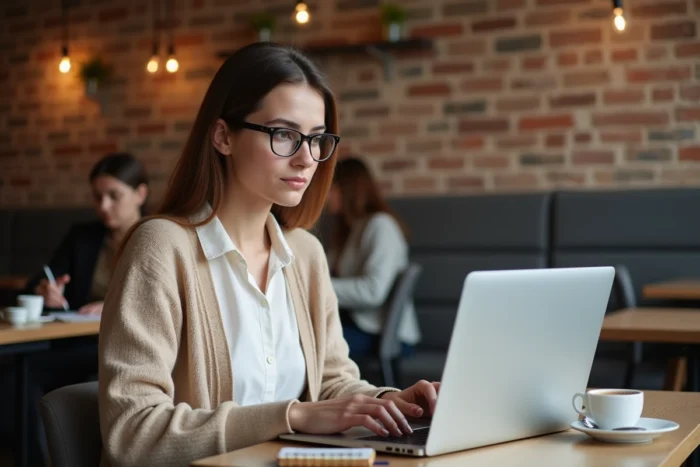Jeune enseignante consultant son compte iProf académie de Créteil depuis un café avec son ordinateur portable