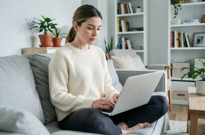 Jeune femme lisant les actualités sur un ordinateur portable dans un salon scandinave moderne