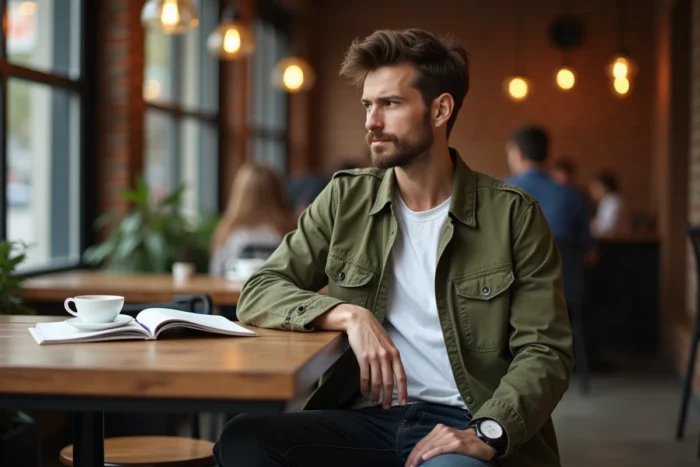 Jeune homme stylé en overshirt olive et jean brut feuilletant un guide de style dans un café urbain