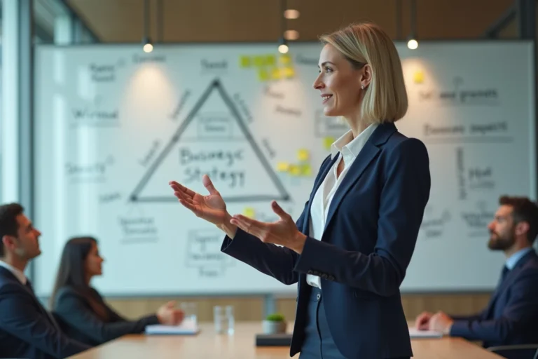 Manager expliquant les 5P de Mintzberg devant un tableau blanc avec des schémas de stratégie d'entreprise en salle de réunion