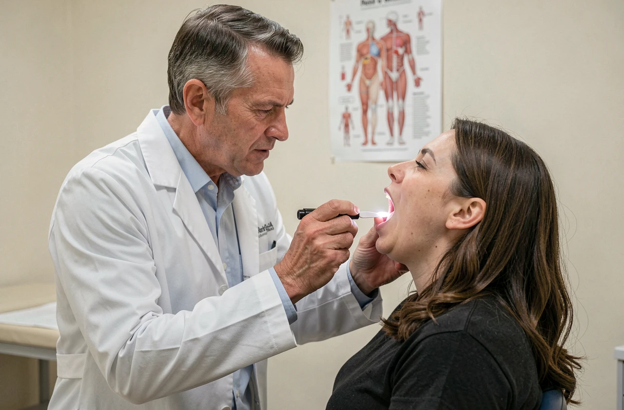 Médecin généraliste examinant la gorge d'un patient avec un abaisse-langue lors d'une consultation pour angine