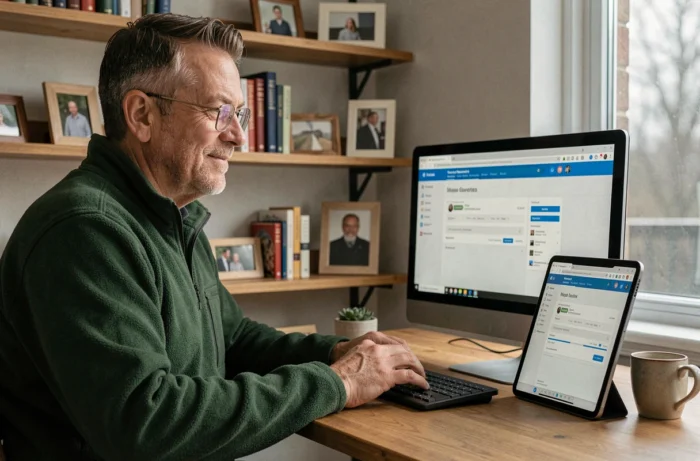 Man accessing his Strasbourg academic messaging from multiple devices in a home office
