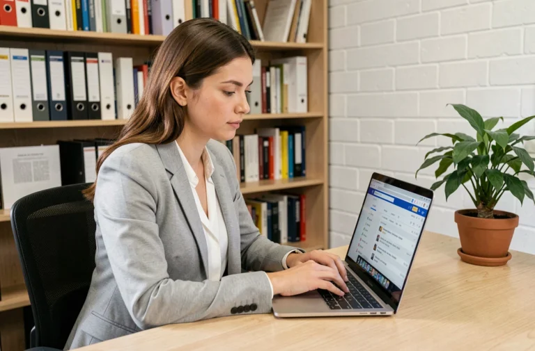 Femme connectée à sa messagerie académique de Strasbourg sur un ordinateur portable dans un bureau universitaire