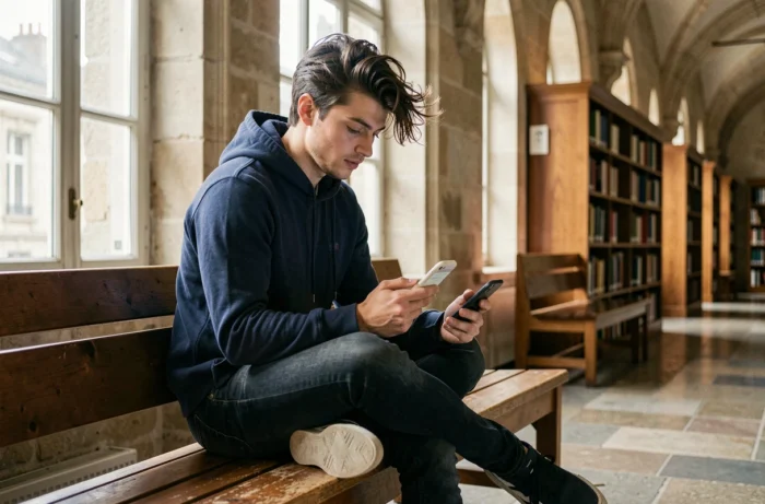 Student checking their Strasbourg academic messaging on a smartphone in a university library