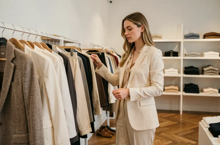 Femme élégante parcourant les collections de mode dans une boutique parisienne minimaliste