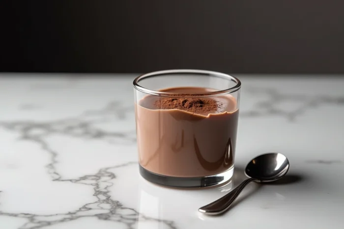 Mousse au chocolat maison dans un ramequin en verre, saupoudrée de cacao, avec une cuillère en argent sur marbre blanc