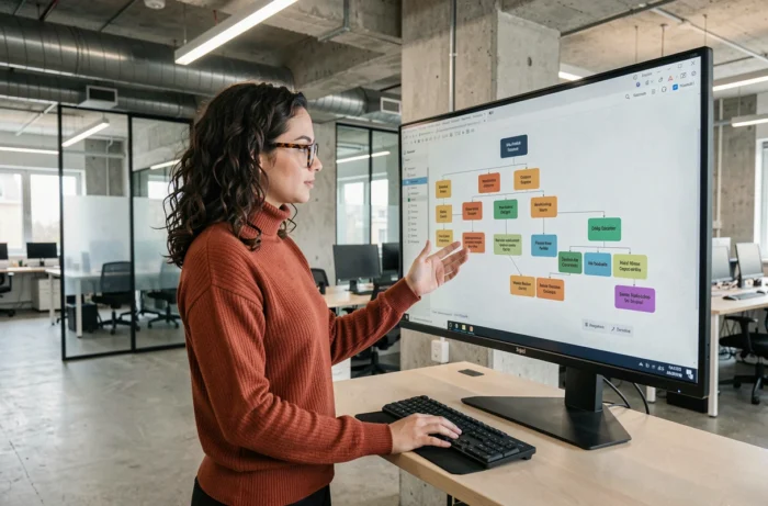 Jeune femme naviguant dans l'arborescence d'un site de magazine sur écran en espace de coworking