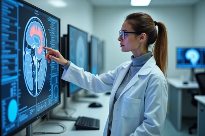 Neuroscientifique féminine analysant des scanners cérébraux en laboratoire, représentant la recherche sur les bases neurologiques des comportements antisociaux