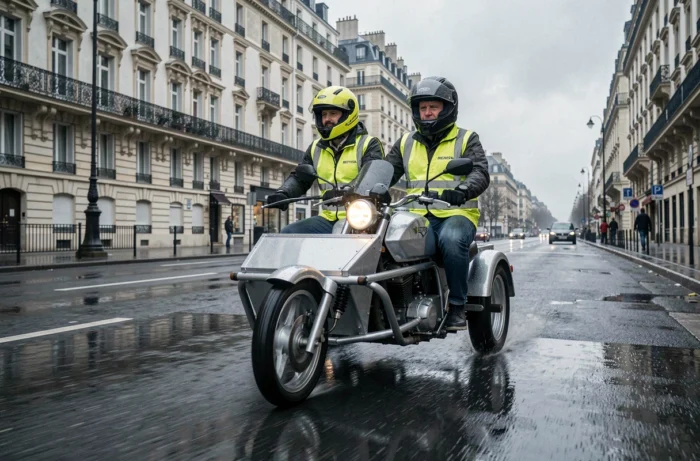 Deux adultes en side-car motorisé circulant sur un boulevard parisien sous la pluie avec équipements de sécurité