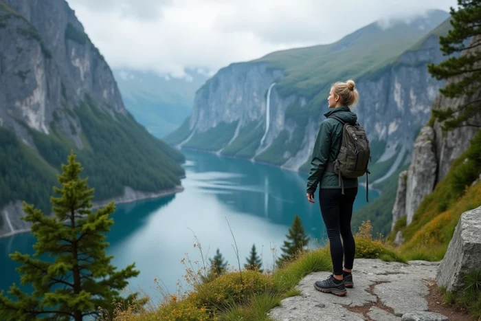 Une voyageuse contemplant un fjord norvégien depuis un belvédère, avec des falaises escarpées, des eaux turquoise profondes et des forêts de pins qui s'étendent à l'horizon
