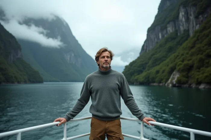 Un voyageur émerveillé sur le pont d'un ferry traversant Milford Sound en Nouvelle-Zélande, entouré de pics enveloppés de brume, de cascades et de forêts plongeant dans le fjord