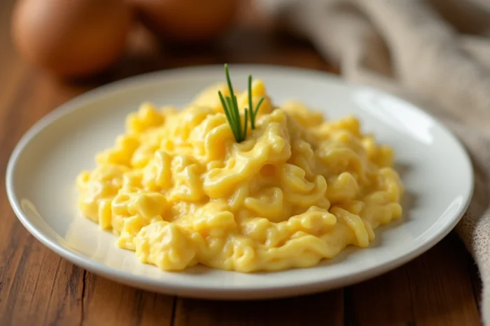 Œufs brouillés fondants et soyeux sur une assiette blanche, garnis d'une brindille de ciboulette fraîche sur une table en bois