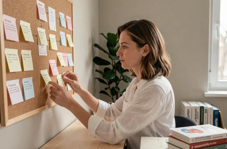 Professionnelle de la santé organisant un plan de site sur un tableau de liège dans un bureau moderne