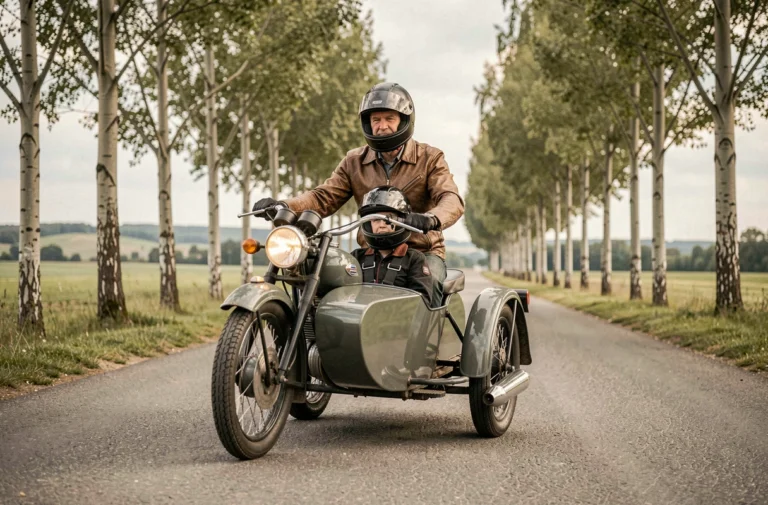 Homme et passager adulte en side-car vintage sur route française avec harnais de sécurité visible