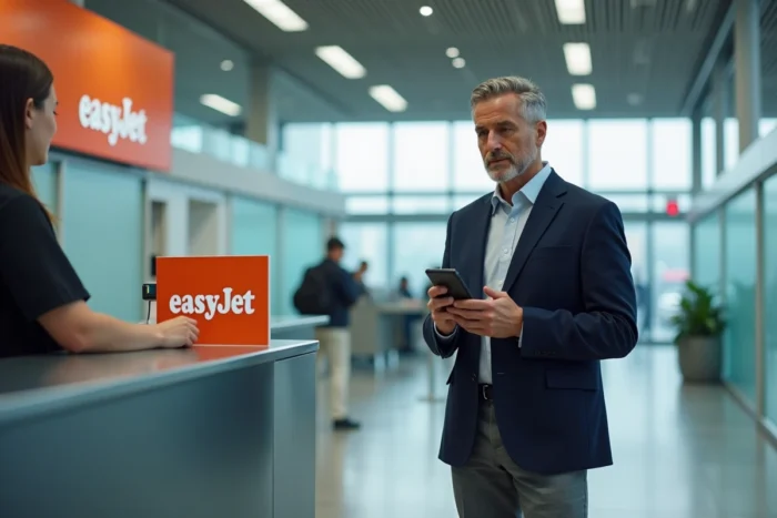 Passager discutant d'une modification de nom sur son billet easyJet au comptoir d'enregistrement de l'aéroport