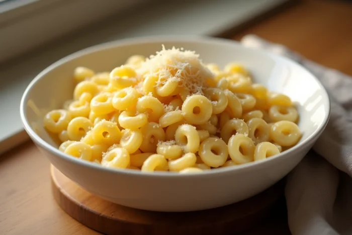 Bol de pâtes en petits formats très cuites dans une sauce légère au beurre et parmesan, dans un bol en céramique blanche sur une table en bois